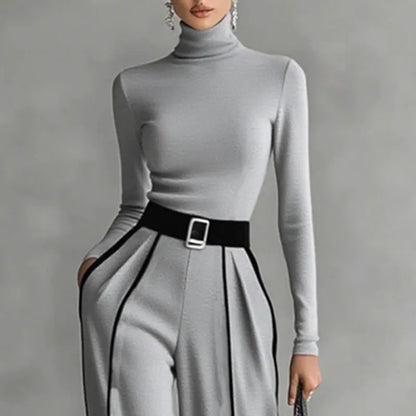 Retro Turtleneck Bottoming Shirt Top+Wide-leg Trousers Suit Woman Elegant Contrast Color 2 Piece Sets Long Sleeve Autumn Outfits.