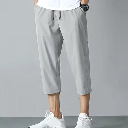 2025 New Summer Men's Ice Silk Pants Hong Kong Style Trendy Loose-Fit Straight-Leg Cropped Pants Korean Version Casual Pants.