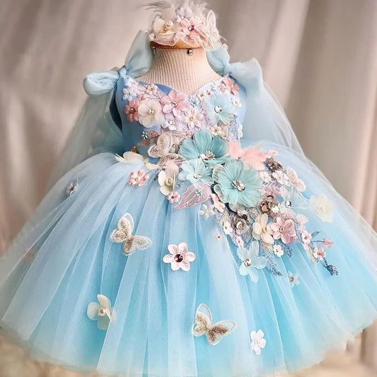 Luxuriöses und elegantes Schmetterlingsmädchen-Prinzessinnenkleid für 0–6 Jahre, formelle Jubiläumsfeier, flauschiges Kleid, Modellkunst, Aufführung