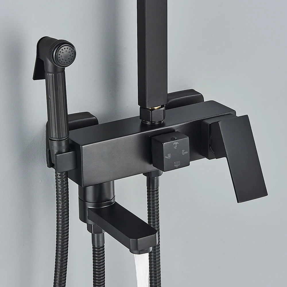 Rainfall Bathroom Shower Faucet Kit With Bidet Wall Mounted Stainless Steel Hot Cold Water Mixer Tap System With Rack,Tub Spout