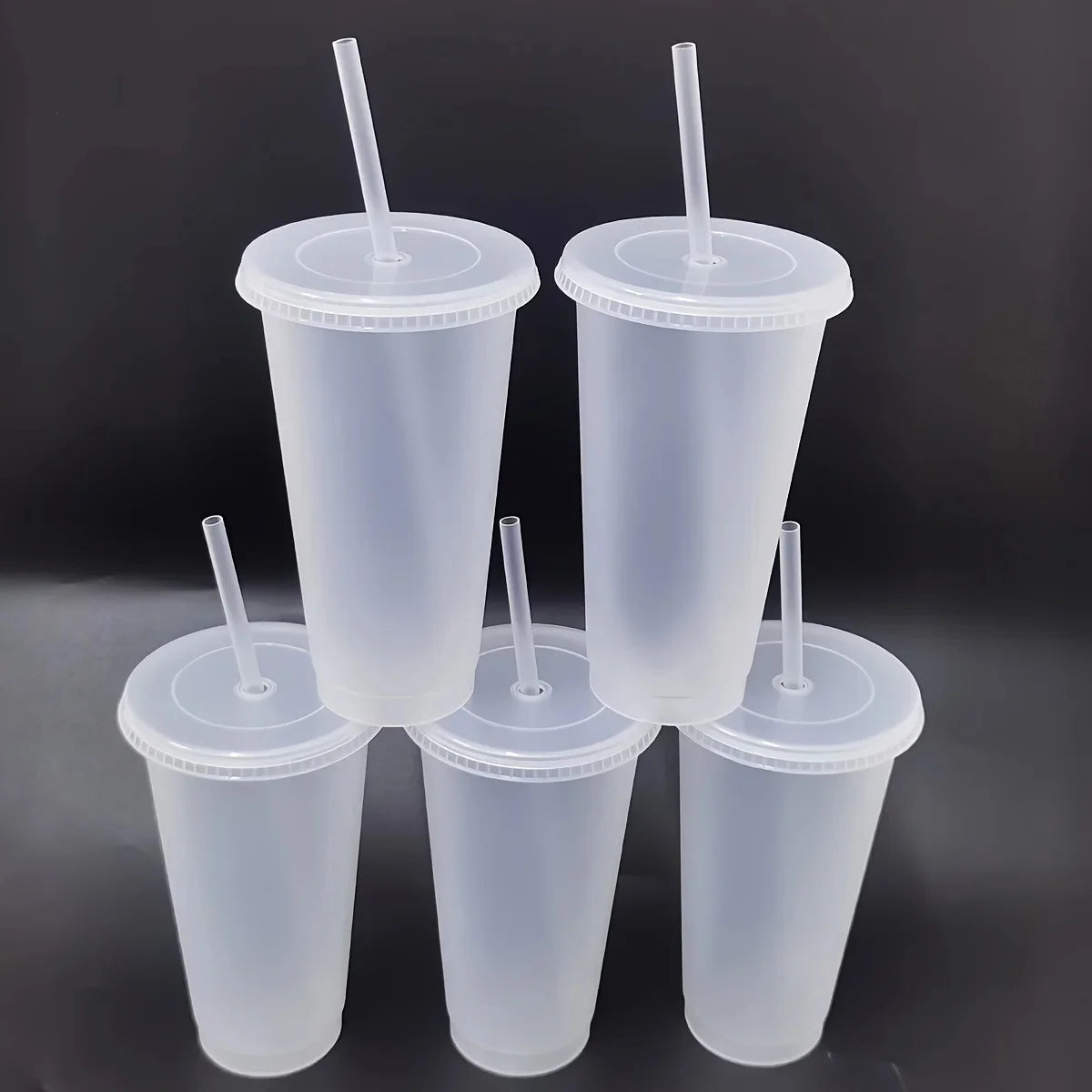 5pcs 24oz Transparent Reusable Tumblers With Black Lids and Straws Iced Coffee Water Bottle Cold Smoothie Cups For Parties Drink.