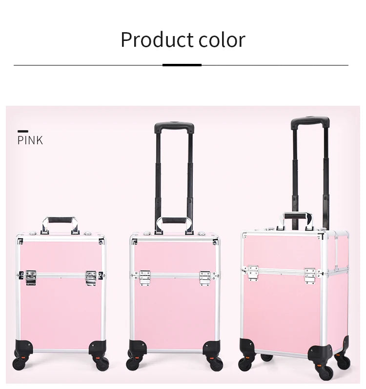 TravelRolling Makeup Train Case Large Capacity Cosmetic Trolley, Aluminum Professional Travel Case with Key