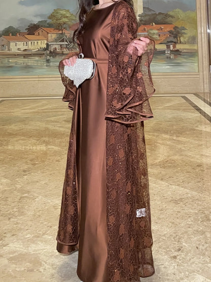 Muslim Women Abaya Dress 2 Piece Set Flare Sleeve Lace Sequin Satin Morocco Caftan Dress Musulman Ensembles Cadigan Outfit Suits.