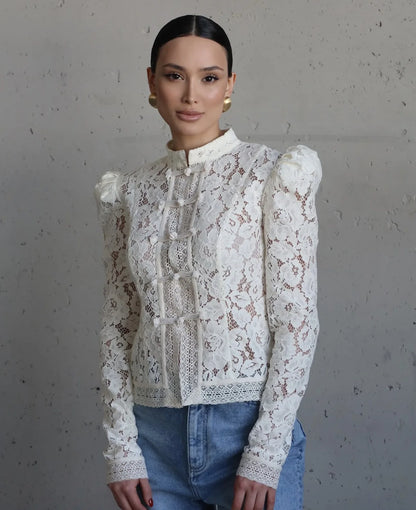 Tuularose Luxury Lace Blouse Fashion Lace Print Single Breasted Slim Shirt Vintage Elegant Party Looks Summer Women Blouse Tops