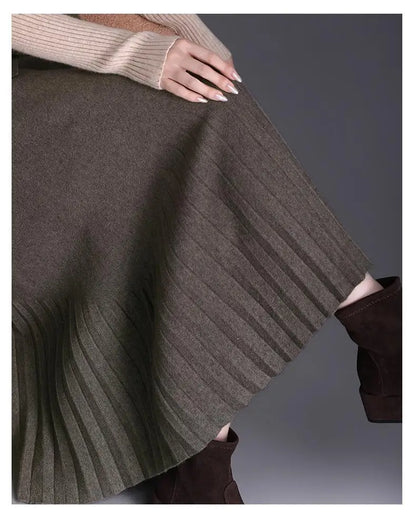 Temperament Autumn Winter New Skirts Women Solid High Waist Pleated Fashion Office Lady A-line Mid-length Knitting Pleated Skirt