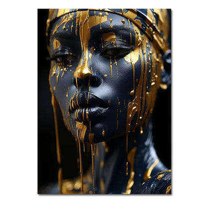 Golden Radiant African Beauty Art Posters Print Canvas Painting Modern Fashion Portrait Wall Art Mural for Liivng Room Decor.