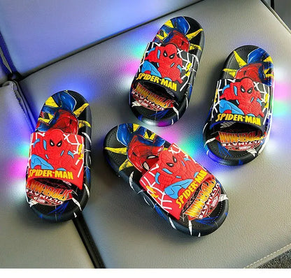 Disney Spider-Man Children's Slippers Non-slip Cartoon Light Soft Soled Slippers For Boys LED Light Luminous Children's Summer S.