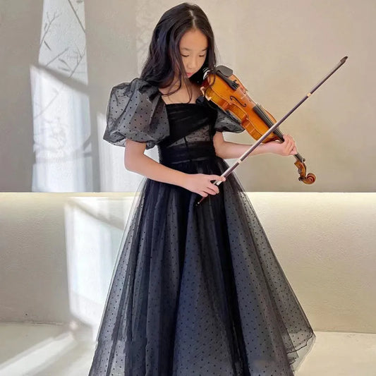 Mädchen Abendkleid für Kinder Elegante Schwarz Vintage Puff Hülse Kleider Teenages Party Kleider Kinder Violine Leistung Vestidos
