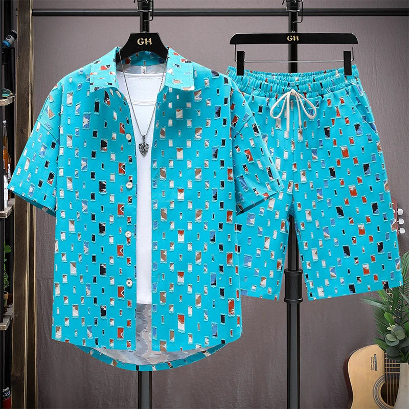 Men Summer 2 Pieces Set Tracksuit Men's Shirt Shorts Harajuku Streetwear Oversized Men Sets Short Outfits Suits