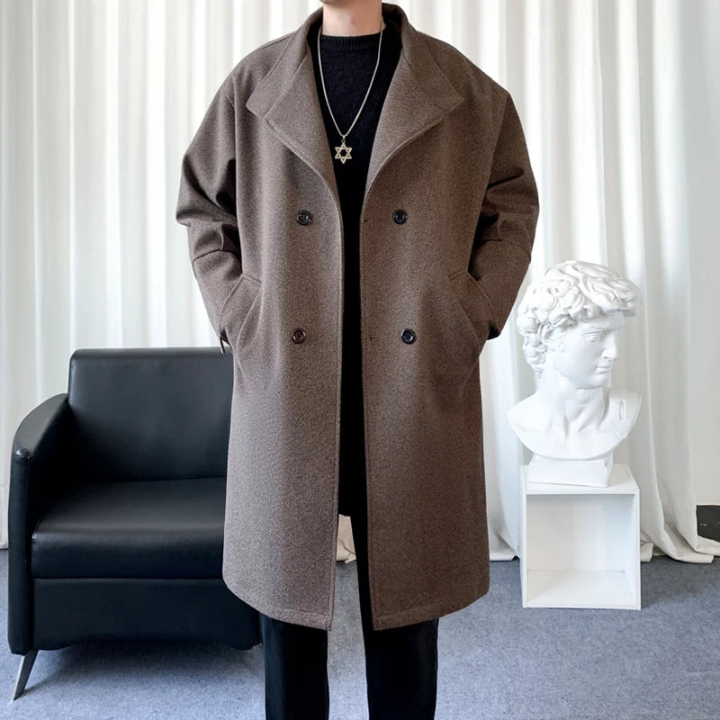 Korean Trend Men's Lapel coat Loose  Casual Double-breasted Overcoat Autumn Winter Fashion New Long Sleeve Woolen Coat.