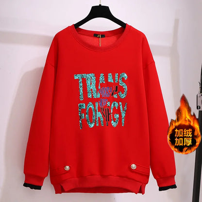 150 kg Übergröße Damen Büste 157 Winter Fleece Lose Pailletten Brief Sweatshirts Rundhals Pullover Top 5XL 6XL 7XL 8XL 9XL