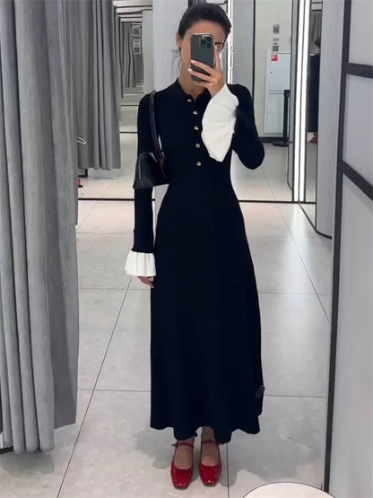Tossy Weibliche Rüschen Strickwaren Langes Kleid Mode Patchwork Schlank Kontrast Revers Casual Party Kleid Kleid frauen Stricken Maxi Kleid