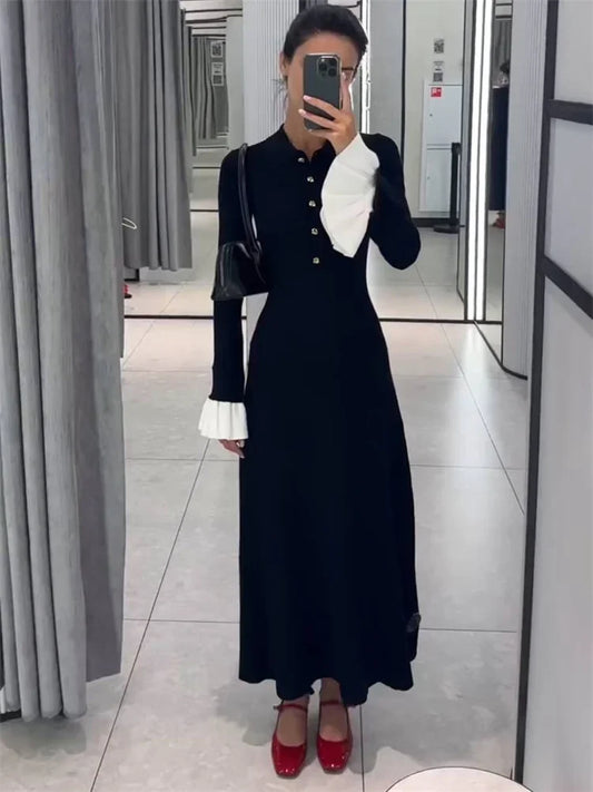 Tossy Weibliche Rüschen Strickwaren Langes Kleid Mode Patchwork Schlank Kontrast Revers Casual Party Kleid Kleid frauen Stricken Maxi Kleid