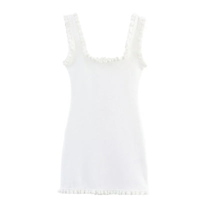 TRAFZA Weibliches Sommer-Sexy-dünnes Kleid, 2-farbig, fester quadratischer Kragen, ärmellos, rückenfrei, Blumendekoration, Damenmode-Kleider.