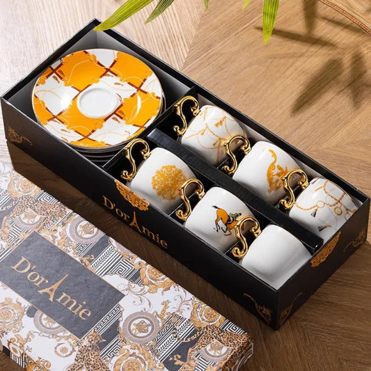 Vintage Luxury Bone China Coffee Cup and Saucer Set of 6 with Gift Box European Porcelain Cups Ceramics Wedding Gifts Home Decor.