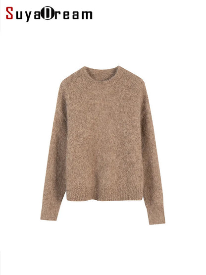 SuyaDream Warm Alpaca Pullovers for Woman, Dropped Sleeved Loose Sweaters, 2025 Fall Winter Top, Camel, Beige.