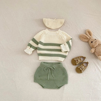 Baby-Pullover für Herren und Damen, neue Herbst-Stile für Säuglinge und Kleinkinder, gestreifte Strickoberteile und Hosen-Sets.
