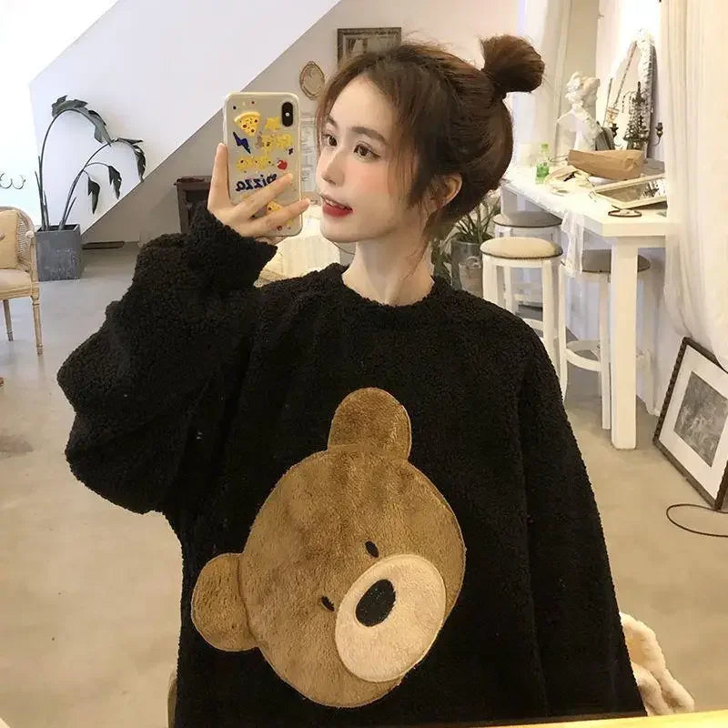 Thickened Warm Women Winter Two Pieces Set Flannel Homewear Pajamas O-Neck Loose Cute Cartoon Bear Ladies Sleepwear Loungewear.