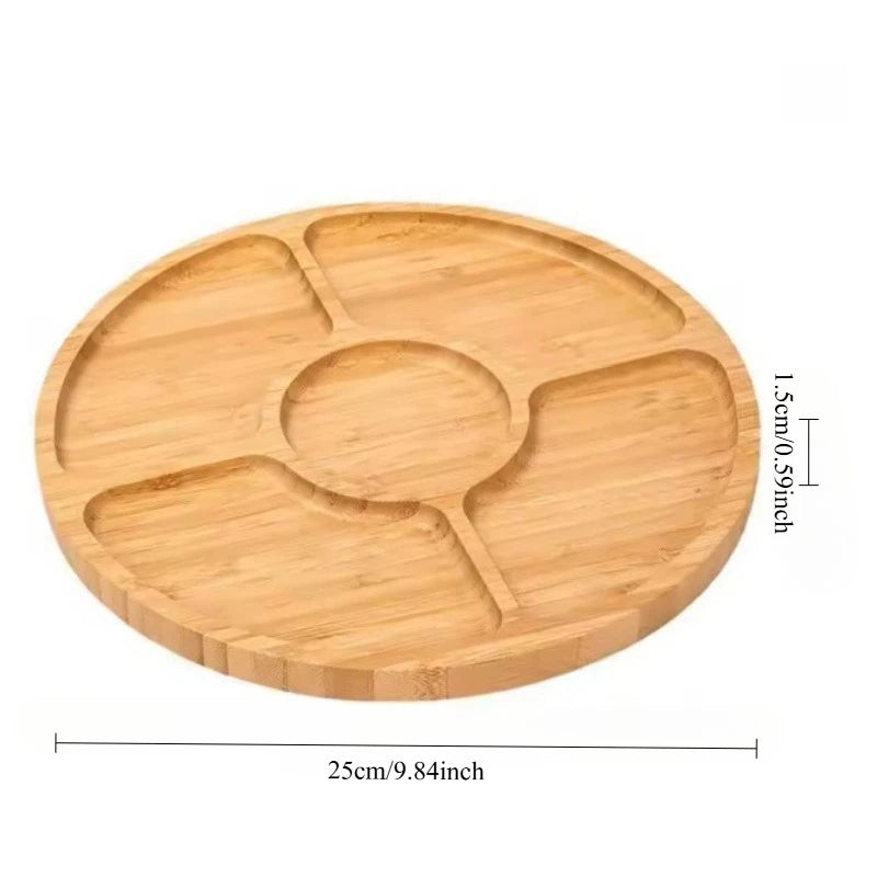 Wooden Divided Serving Trays Appetizer Tray 5 Dining Grids Snacks Bowls Round Serving Tray Serving Dishes Perfect for Parties.