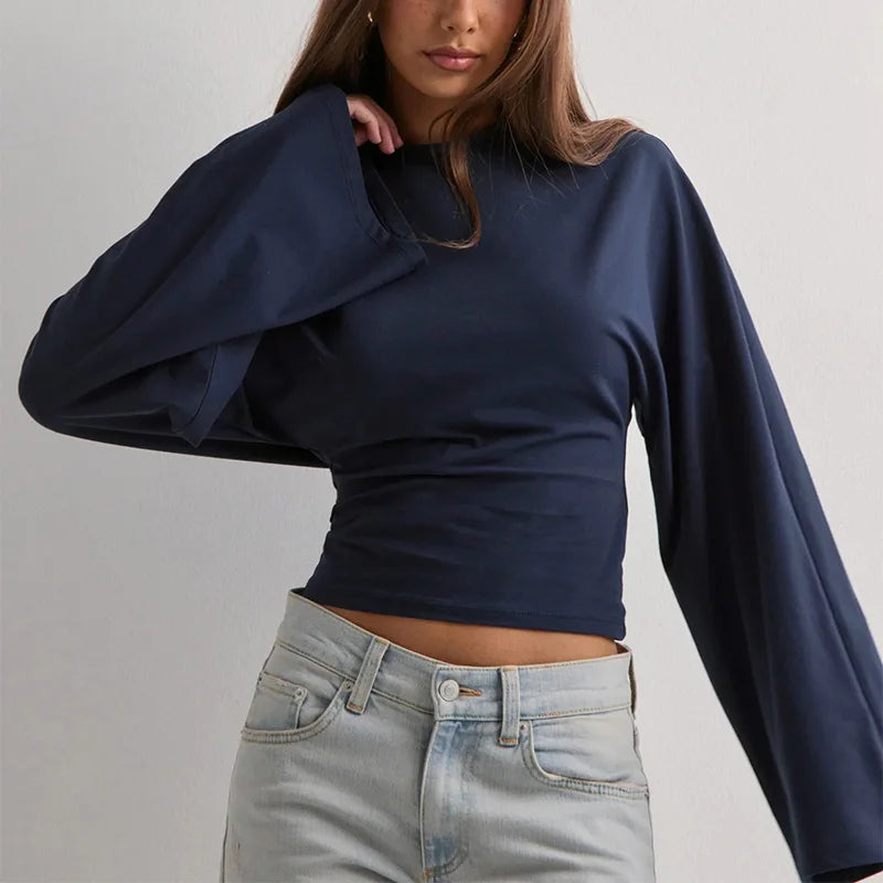 Trendix Basic Long Sleeve Crop Tops Women Summer O Neck Loose Casual Solid Pullover Top Ladies Street Party Club Fashion T Shirt
