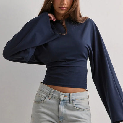 Trendix Basic Long Sleeve Crop Tops Women Summer O Neck Loose Casual Solid Pullover Top Ladies Street Party Club Fashion T Shirt