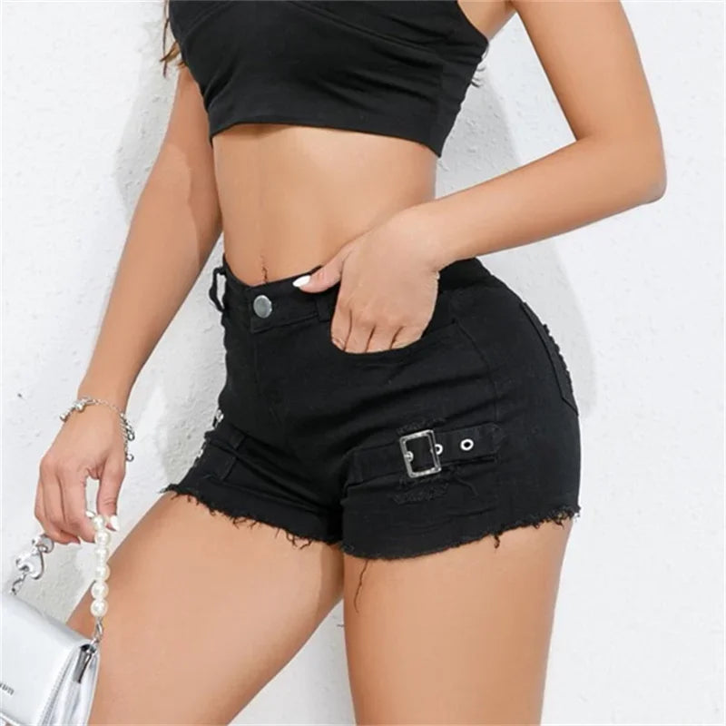 Women Denim Shorts High Waist Broken Holes Patchwork Tassel Ultra-Short Pants Trend Streetwear Female New Casual Straight Trunks.