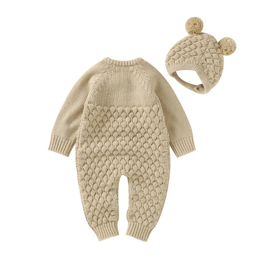 Autumn Baby Rompers Solid Long Sleeve Knitted Newborn Boys Girls Winter Outwear Jumpsuits Hats Clothes Sets 0-18m Infant Outfits