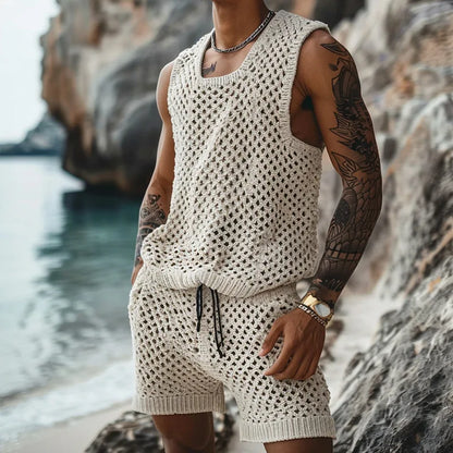 2025 Men's Summer Casual Knit Two-piece Sets Fashion Solid Loose Tank Tops and Shorts Beach Sport Suit Men Hollow Out Streetwear.