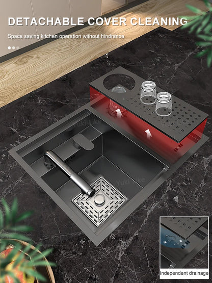 Versteckte Küchenspüle aus Edelstahl, Unterbau, Mini-Einzelschlitz, klein, multifunktional, für Wohnmobile, Café, Bar, Waschbecken mit Deckel, Gartenbalkon