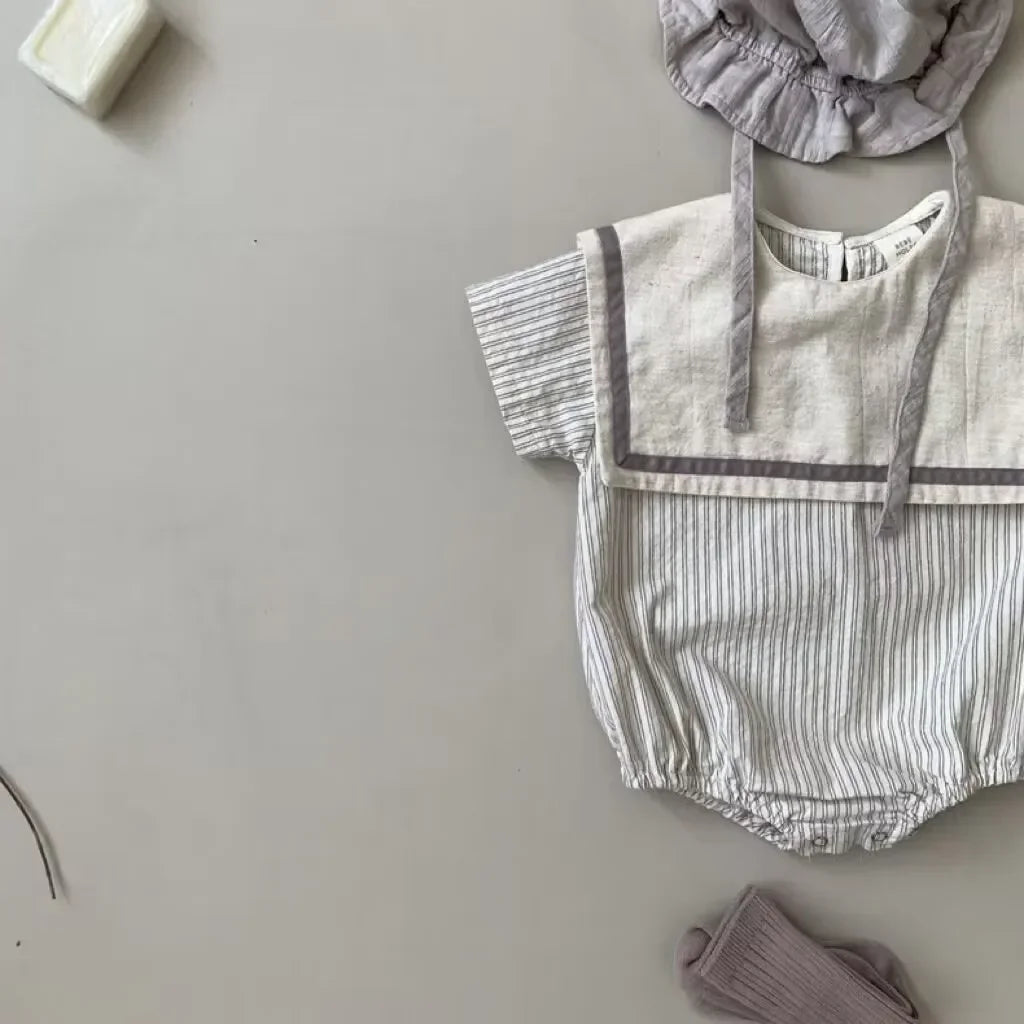 6754 koreanische Neugeborenen Kleidung Sommer neue Marine Revers vertikale Streifen Jungen einteilige Kleidung lässige Mädchen Kletter kleidung.