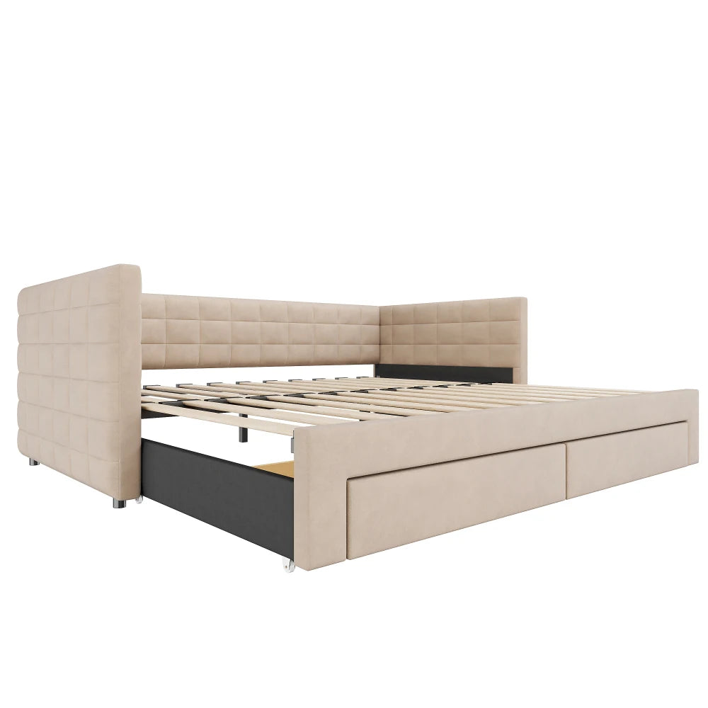 3-in-1 ausziehbares Schlafsofa 90 x 190 cm, Multifunktionsbett mit Schubladen, Einzel-/Doppelbett, Baumwolle und Leinen (Matratze nicht im Lieferumfang enthalten)