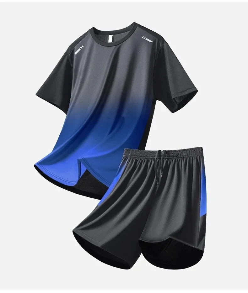 Men's Fitness Ice Silk Sports Suit Short Sleeve Training Room Basketball Morning Run Summer Outfit Shorts And T-shirt Set