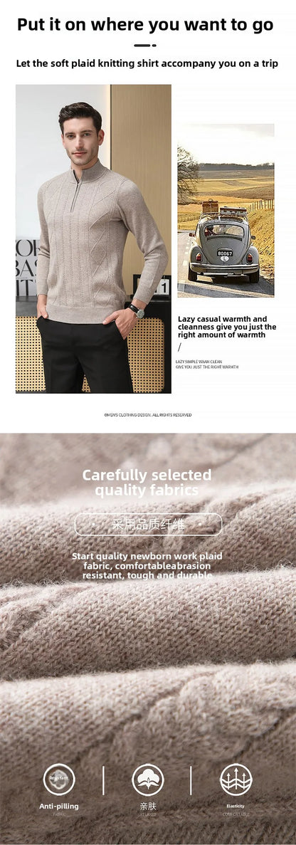 High End 100% Australia Wool Cashmere New Autum Winter Fashion Brand Casual Zip Up Men Pullover Knit Half Turtleneck Sweater.