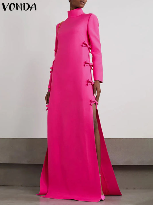Plus Größe VONDA Frauen Lange Maxi Roben Kleid 2024, Elegante Chinesische Stil Bowknot Stehkragen Party Schlitz Sommerkleid Vintage Vestidos.