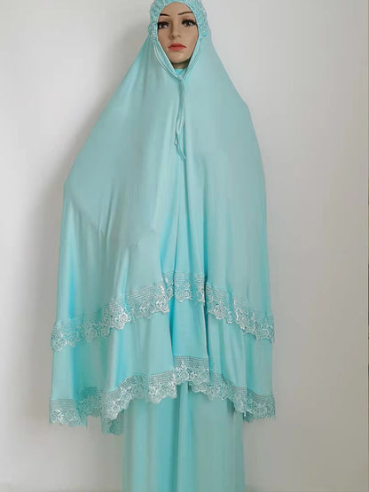 Ramadan  Long Khimar Muslim Abaya Women Prayer Garment Saudi Prayer Dress Lace Trim Silky 2 Piece Skirt Sets Eid Niqab jilbab.