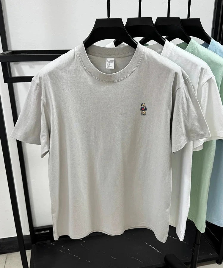 Light luxury 100% cotton men's T-shirt short sleeve round neck skin friendly comfort fashion brand cartoon bear embroidered top.