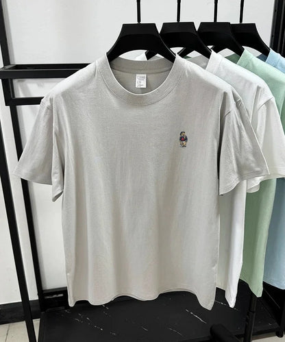 Light luxury 100% cotton men's T-shirt short sleeve round neck skin friendly comfort fashion brand cartoon bear embroidered top.