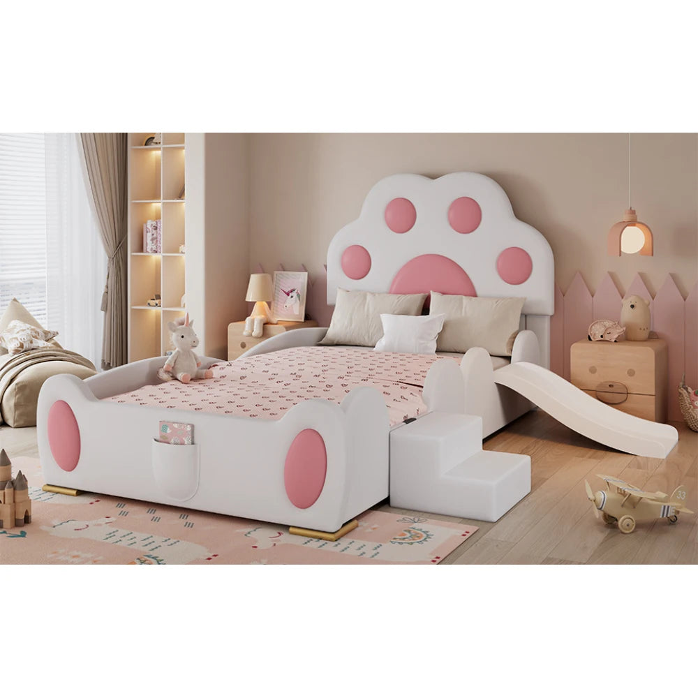 Cartoon süßes rosa Prinzessinnenbett, gepolstertes Bett, 90 x 200 cm, mit Kinderrutsche und zweistufiger Leiter, für Mädchenschlafzimmer