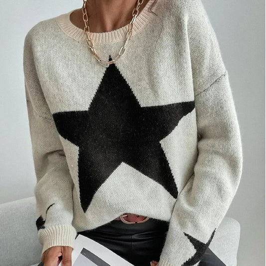 Stern Pullover Pullover Frauen Herbst Frühling Einfache Strick Elastische Pullover Jumper Casual Dicke Warme Schwarz Weiß Grundlegendes Jumper