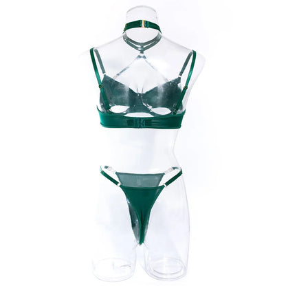 Cut Out Bra and Brief Velvet Erotic Set Women 2-Piece Halter Underwear Patchwork Thong Intimates Sexy Lingerie Pornos Suit Latex