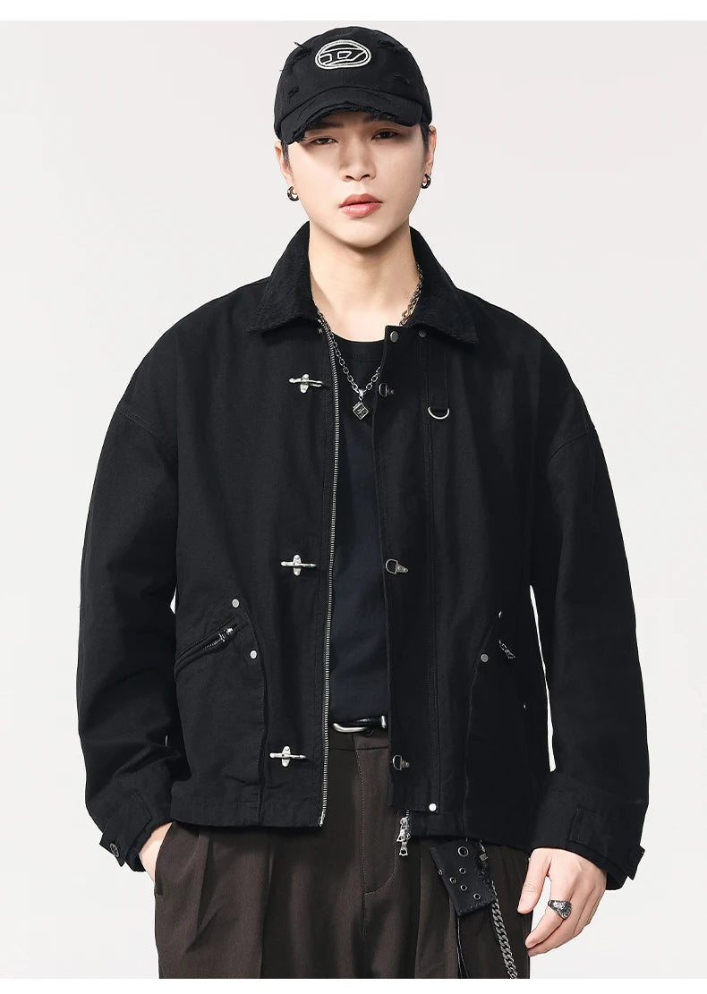 Men Washed Cotton Metal Buckle Streetwear Vintage Loose Casual Short Bomber Cargo Jacket Couple Spring Autumn Coat Outerwear.