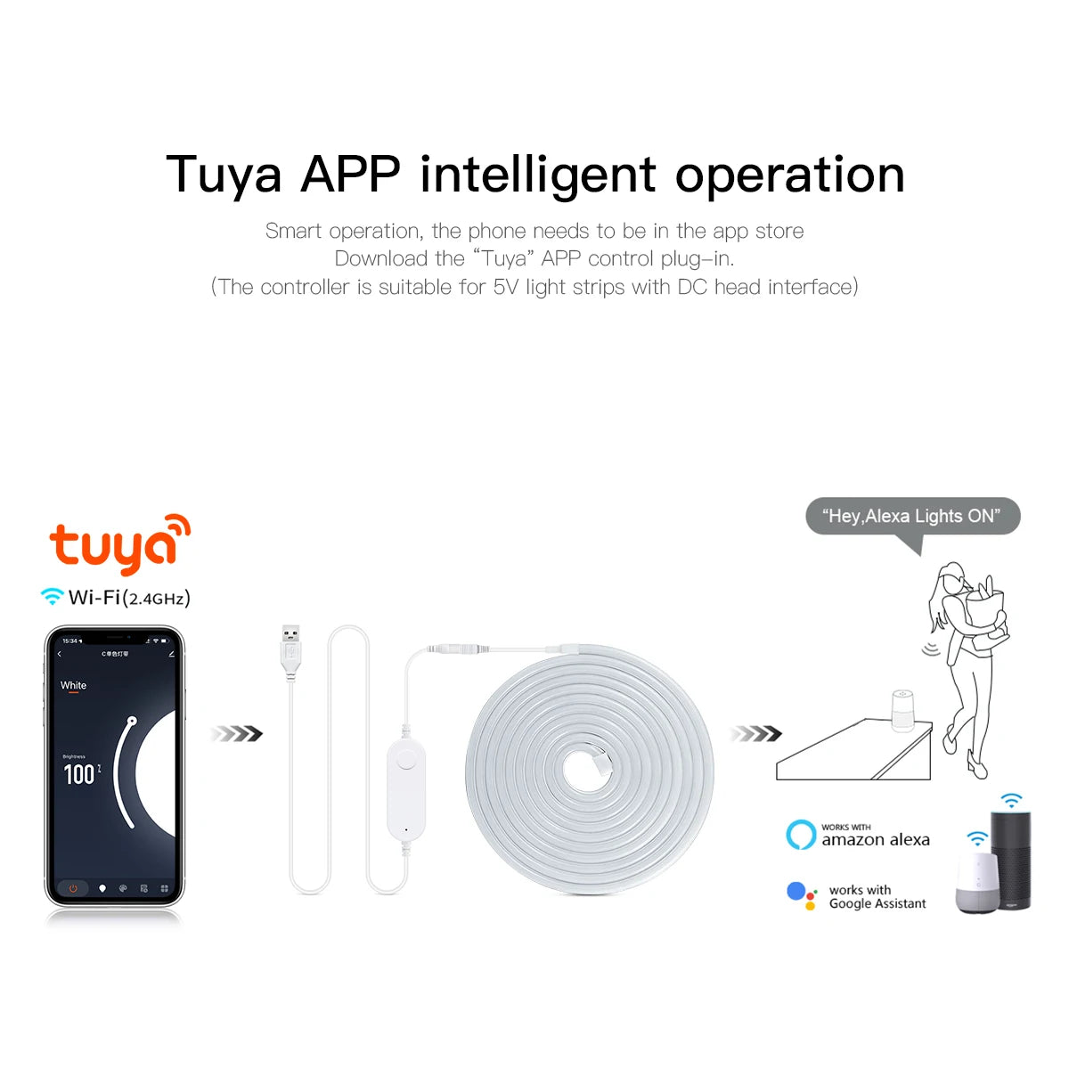 DC 5V USB Neon Light LED Strip Tuya Smart Life Wifi App Control Neon Tube Tape Garden Xmas DecorWork with Alexa,Google Home.