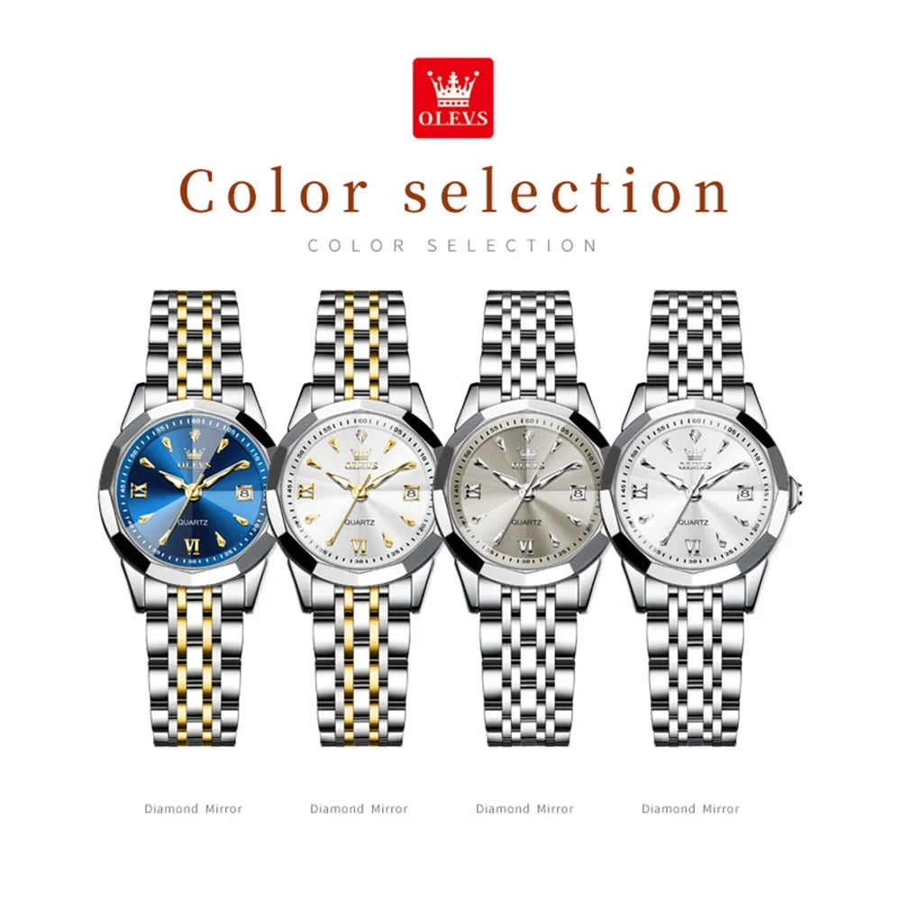 OLEVS Elegant Fashion Ladies Watches 9998 Original Quartz Women's Watches Waterproof Stainless Steel Luminous Date Wristwatch.
