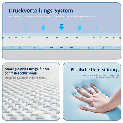 Komfortschaummatratze 140×190×18 cm, wendbar, Memory-Schaum, kühlender Bezug, Härte H3/H4, 18 cm hoch, 7-Zonen Unterstützung