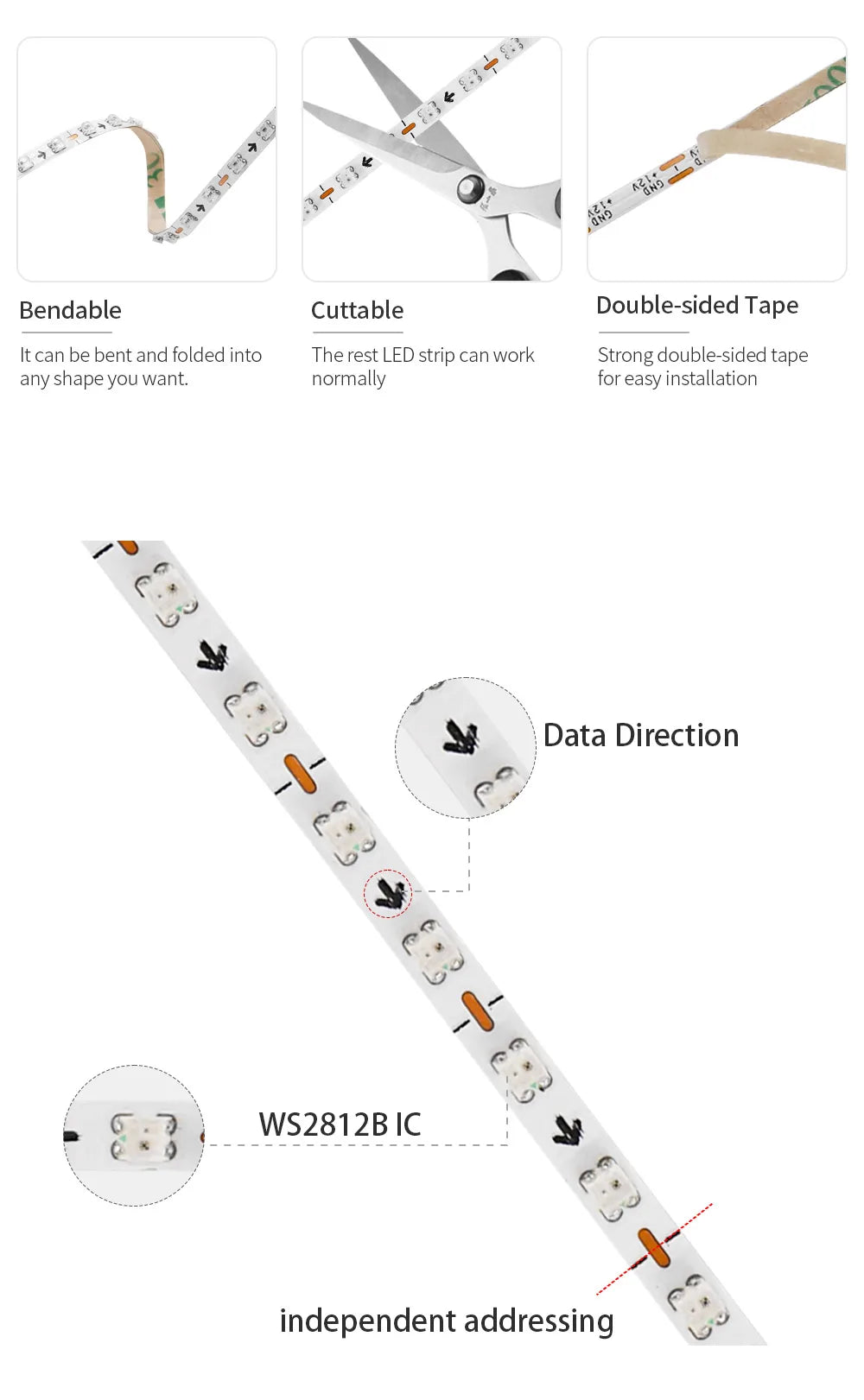 DC5V/12V RGB Traumfarbwechselnde LED-Streifenlichter WS2812 2020 Ultraschmal 2,7 mm 160 LEDs/m Intelligente, individuell adressierbare Ziffern.