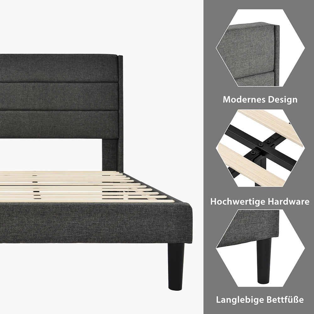 KOMHTOM Polsterbett 90 x 200 cm, Bettgestell mit Lattenrost & Kopfteil, gepolstertes Doppelbett, Textilbezug Leinen in Grau