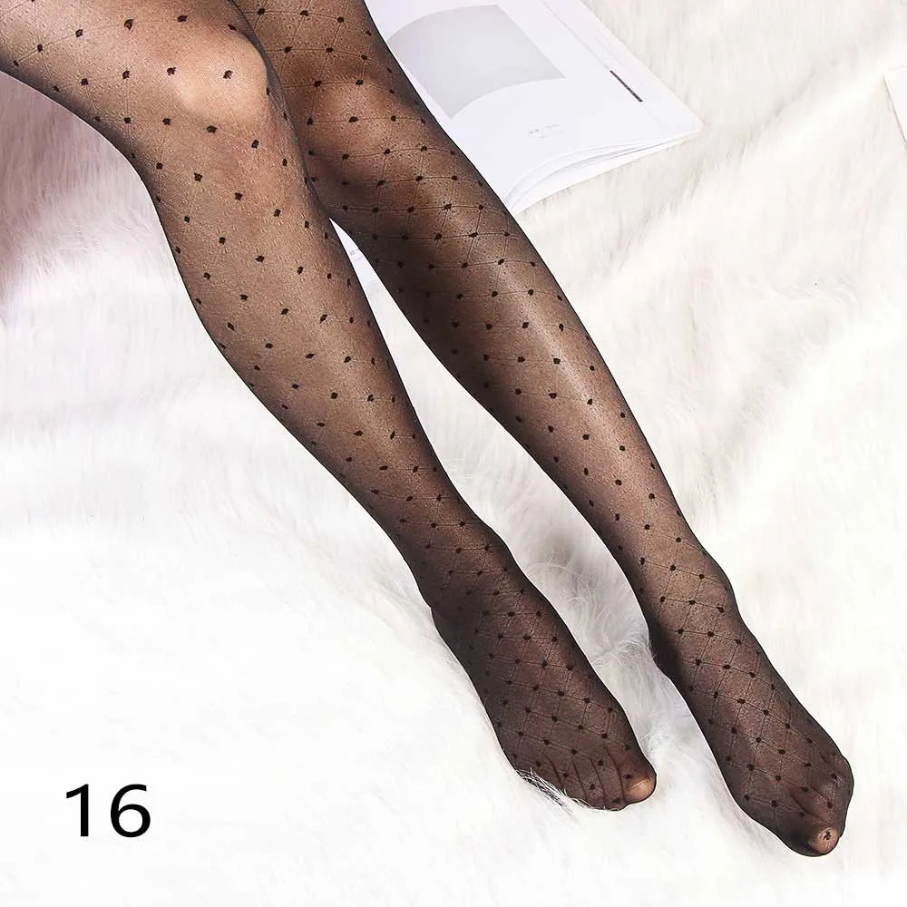 Sexy Women love Dot Embroidery Silk Stocking Thin Vintage Faux Tattoo Thigh Sheer Pantyhose Female Elastic Hosiery girls Tights
