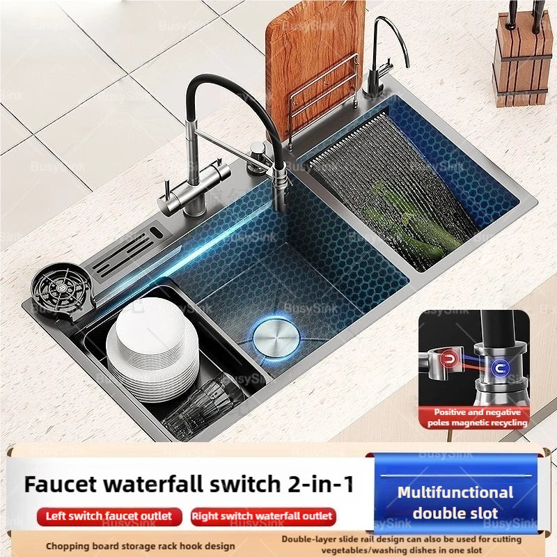 Waterfall Kitchen Sink Stainless Steel Multifunctional Undermount Washbasin Double Slot Dishwashing Sinks