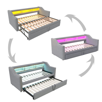 Ausziehbares Schlafsofa 90/180 x 190 cm, multifunktionales Aufbewahrungsfach, LED-Licht und USB-Buchse, mit Gitter, Dunkelgrau
