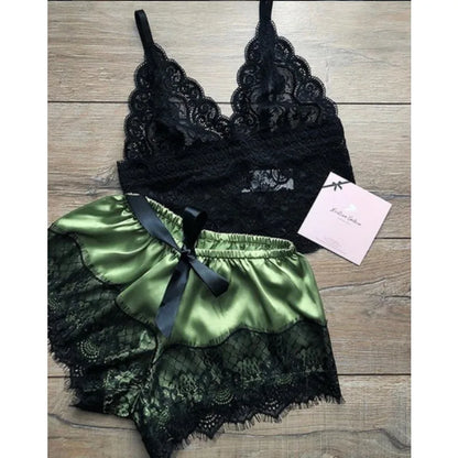 Sommer 2Pcs frauen Neue Sexy Spitze Sehen-Durch Pyjamas Schwarz Rosa Nette Kleidung Atmungsaktivem Hosenträger Shorts set